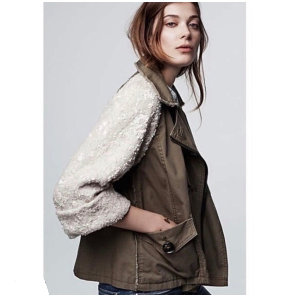 Hei Hei Anthropologie Medium Green Utility Jacket w/ Sequin Sleeves Modern Chic
